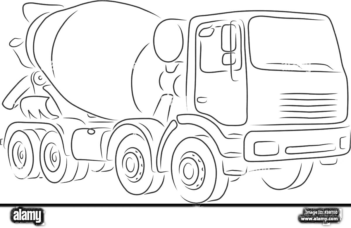 Раскраска Бетономешалка (грузовик с бетонным миксером, колеса, кабина, барабан для смешивания, сзади барабана есть лестница)