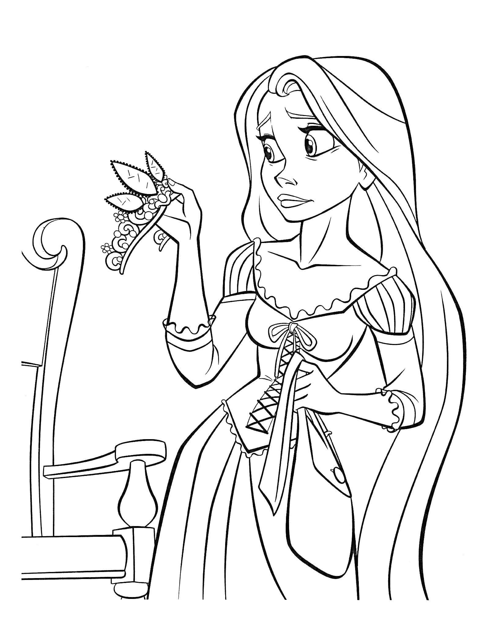 Раскраска Рапунцель с длинными волосами, держащая в руке корону, рядом стул