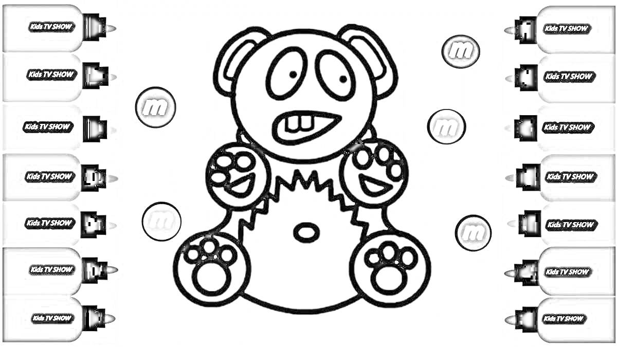 На раскраске изображено: Медведь, Краски, Кнопки, Игрушки