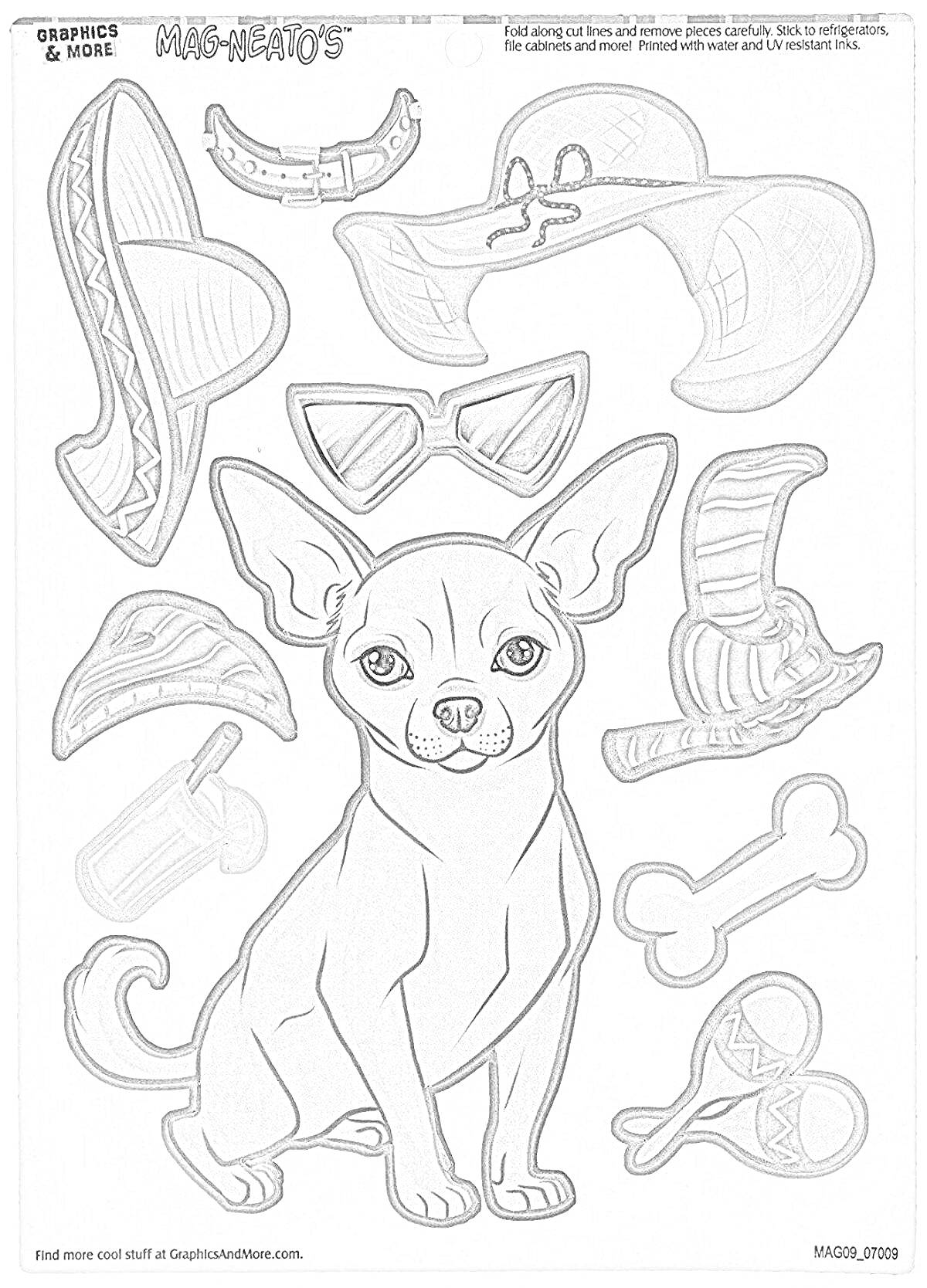 Раскраска Собака с аксессуарами, включая сомбреро, солнцезащитные очки, морковь, кость, марракасы
