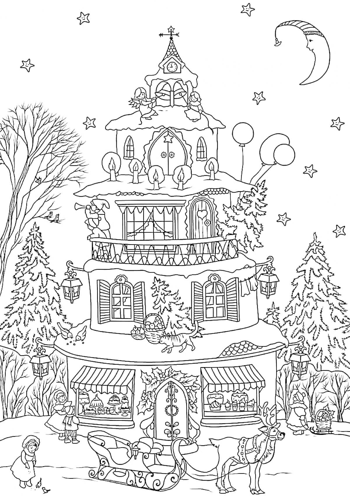 Раскраска Рождественское здание с украшениями, санями и оленем