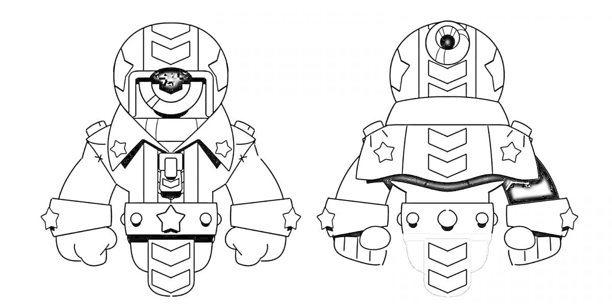 Раскраска Робот с одним глазом в шлеме и звездными украшениями, вид спереди и сзади