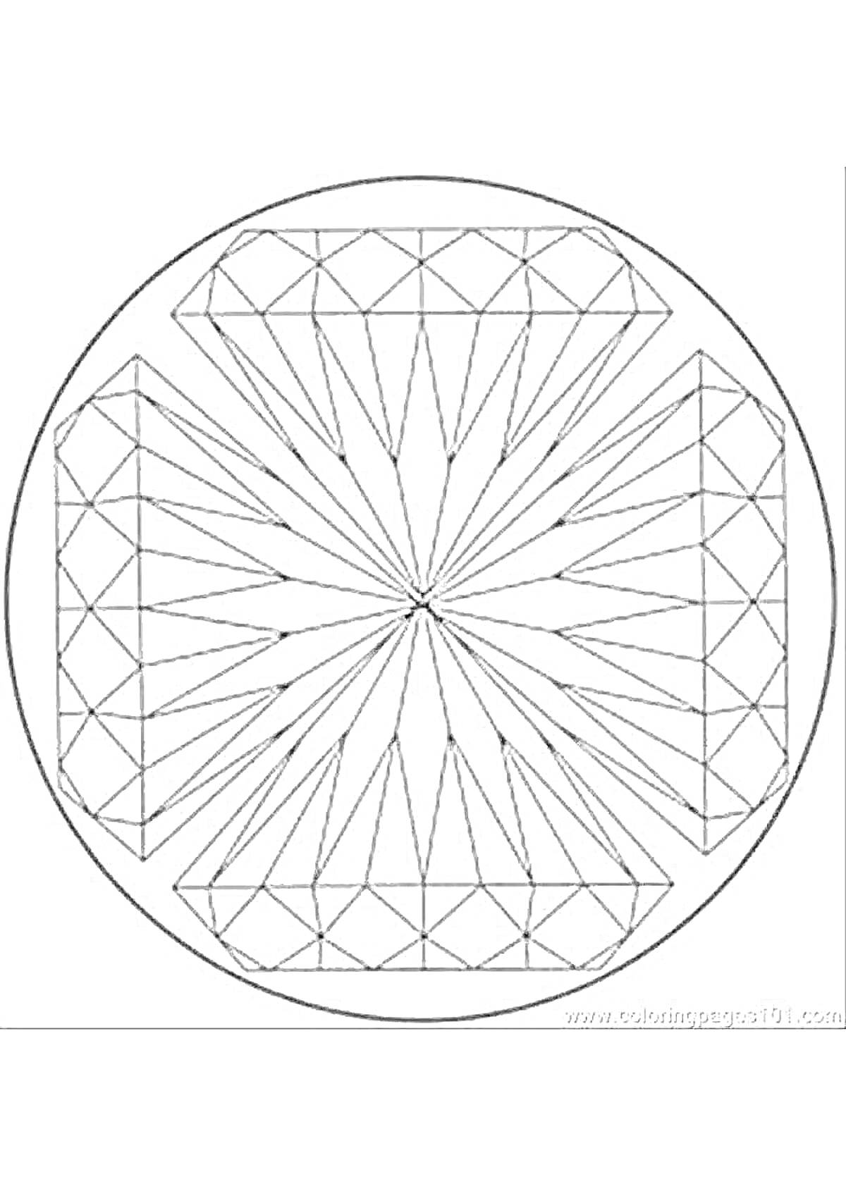 Раскраска Круглый калейдоскоп с пересекающимися геометрическими узорами треугольников и линий