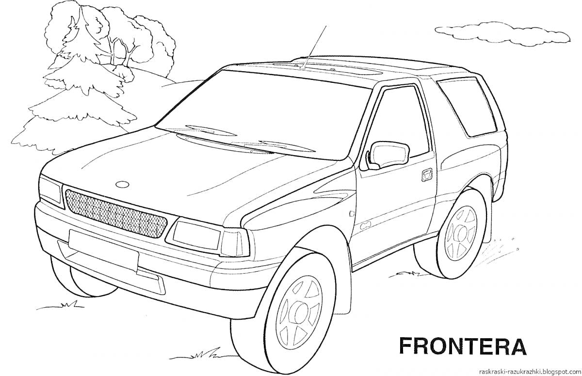Раскраска Внедорожник Frontera на фоне деревьев и облаков