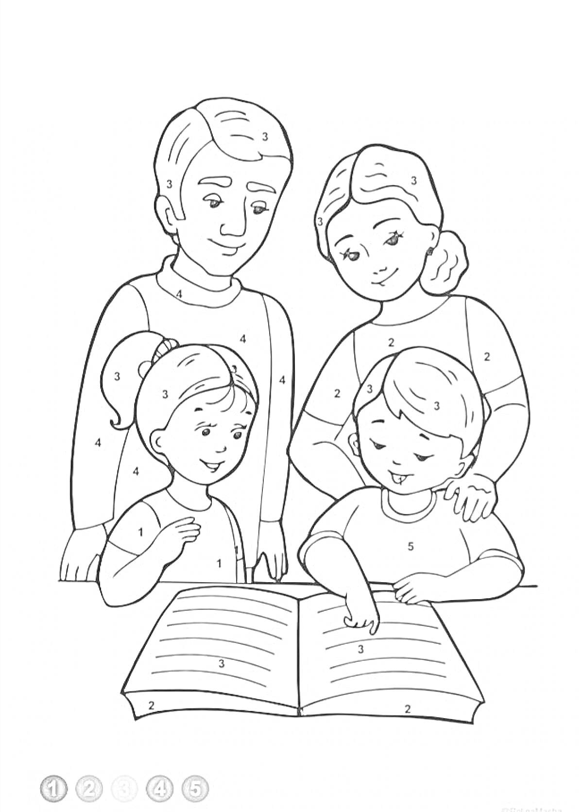 семья за чтением книги, двое взрослых и двое детей
