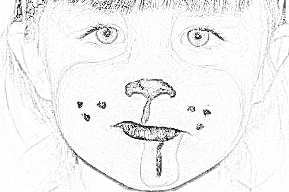 Раскраска Лицо ребенка с разрисованной мордочкой собаки (белое лицо с черным носом, губами и языком, черные точки на щеках)
