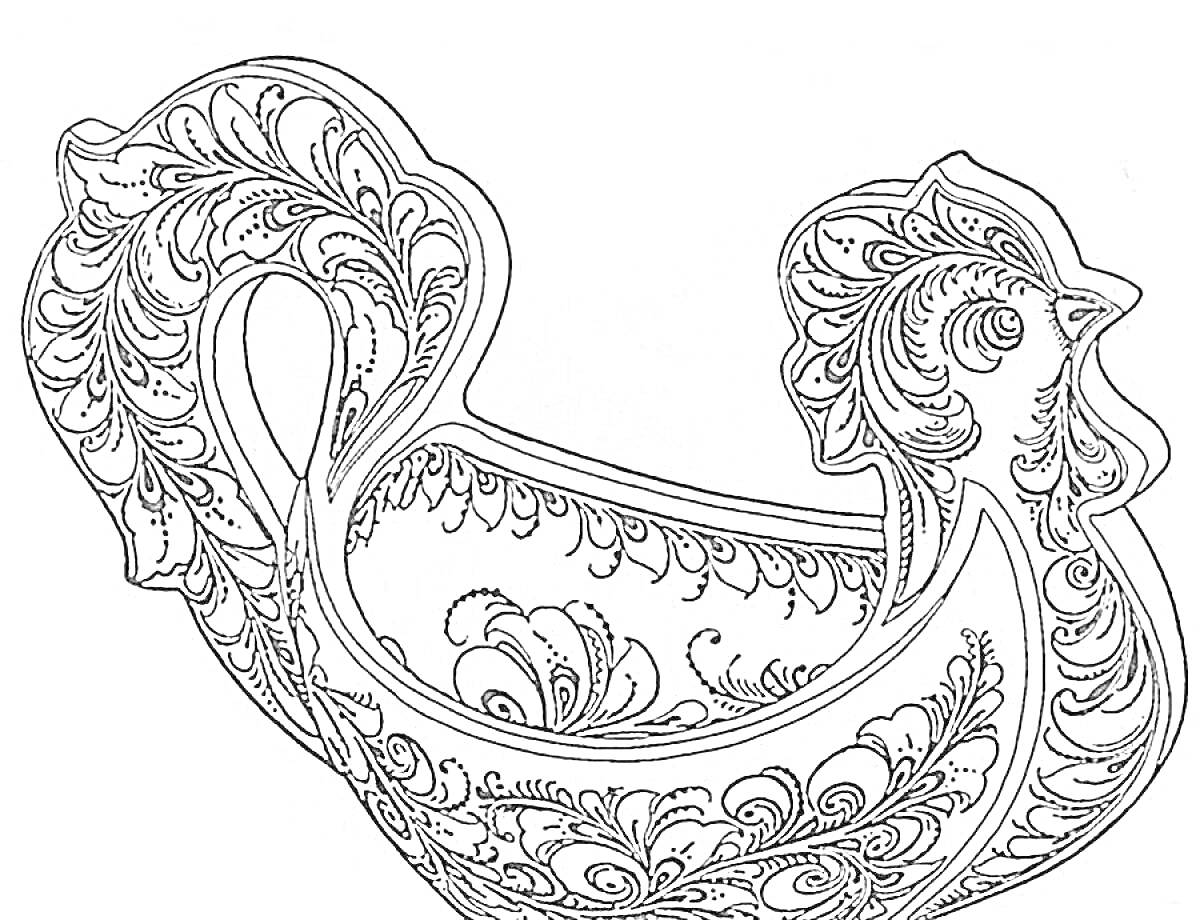 Раскраска Хохломская роспись на фигурном ковше с цветочными узорами и завитками