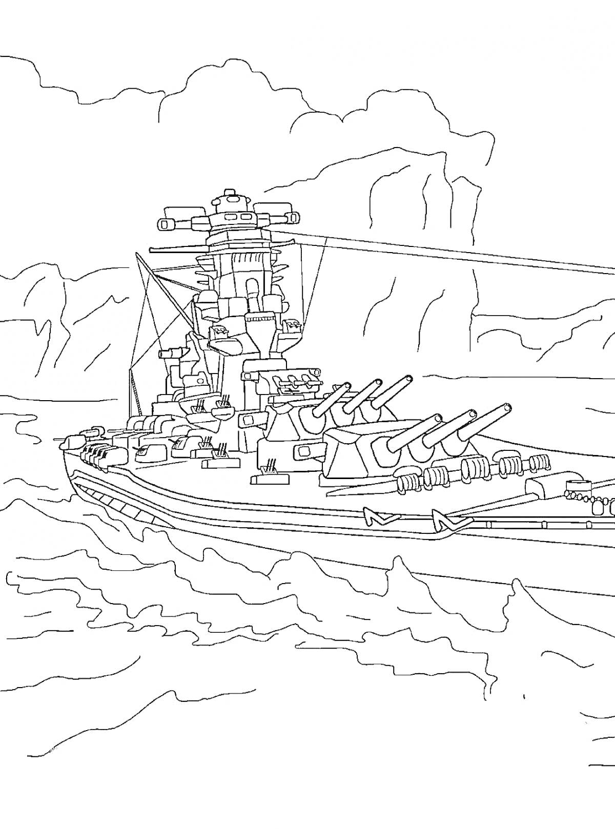 На раскраске изображено: Военный корабль, Башни, Скалы, Море, Корабль