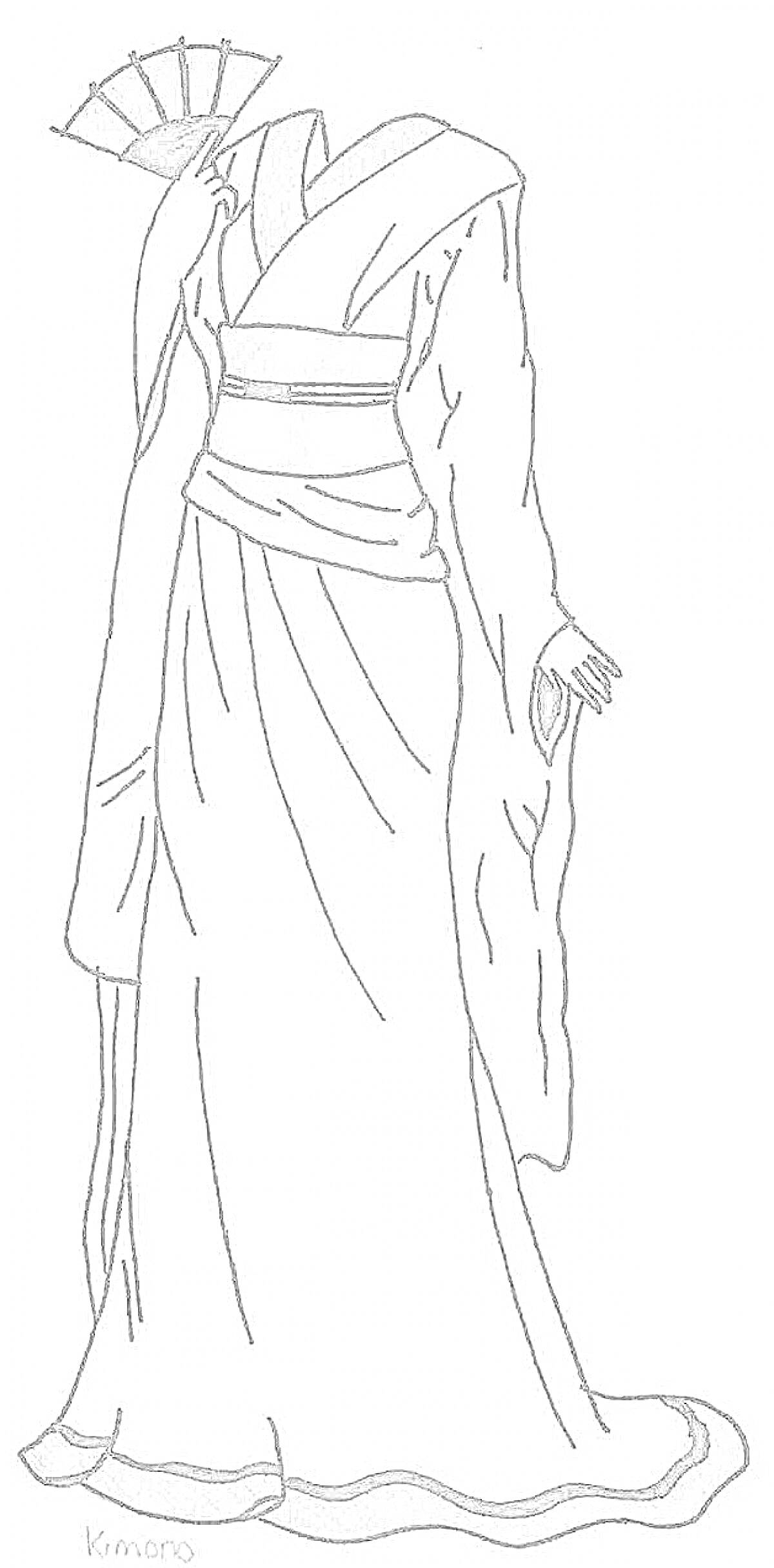 На раскраске изображено: Кимоно, Веер, Пояс, Длинные рукава, Традиционная одежда, Костюм