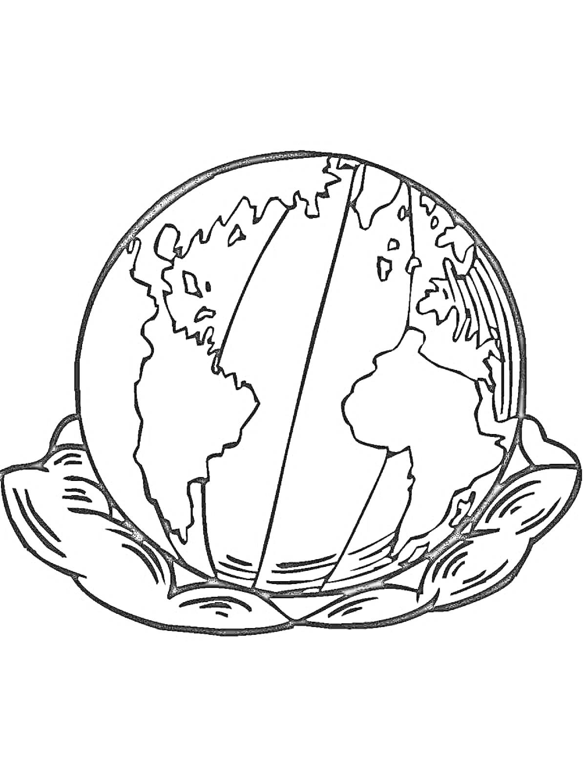 На раскраске изображено: Планета Земля, Глобус, Руки, Континенты, Карта мира, Экология, Окружающая среда, Ладонь