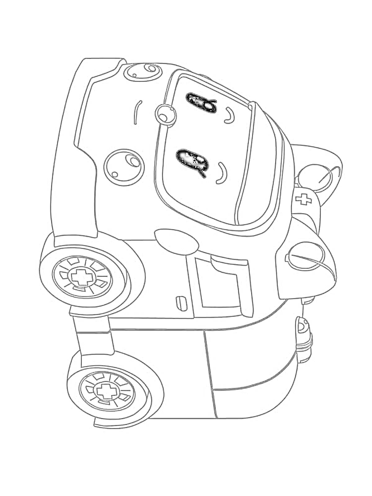 Раскраска машинка-робот с лицом и двумя большими колесами