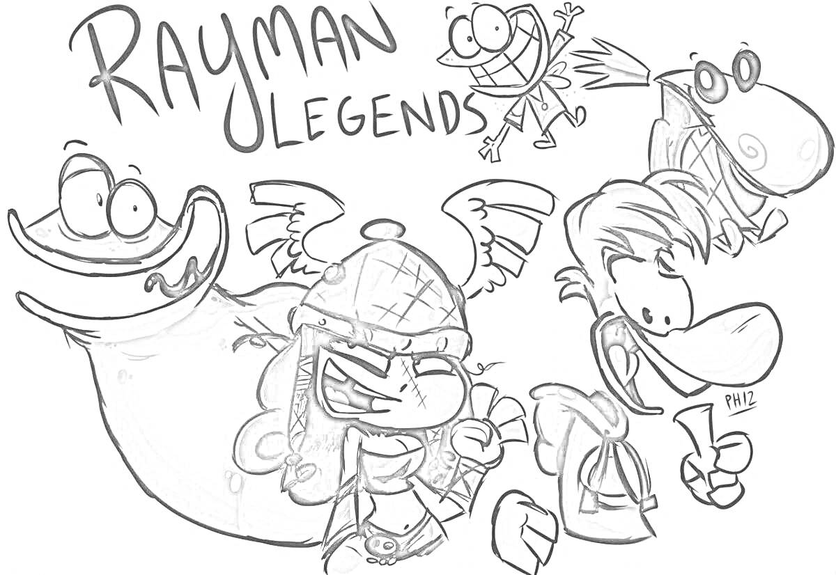 Персонажи из игры Rayman Legends - Rayman, дракон с крыльями, лягушка, ти-фу, пятнистый дракон