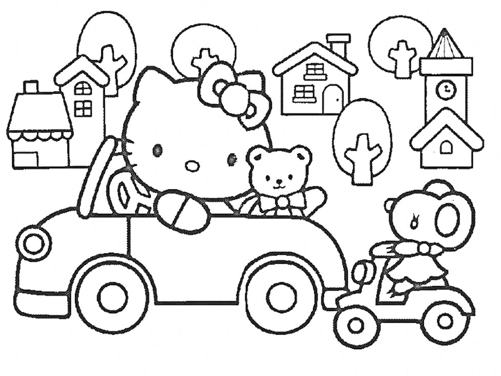 Китти в машине с медведем и медвежонок на велосипеде, деревья, дома и башня с часами на заднем плане