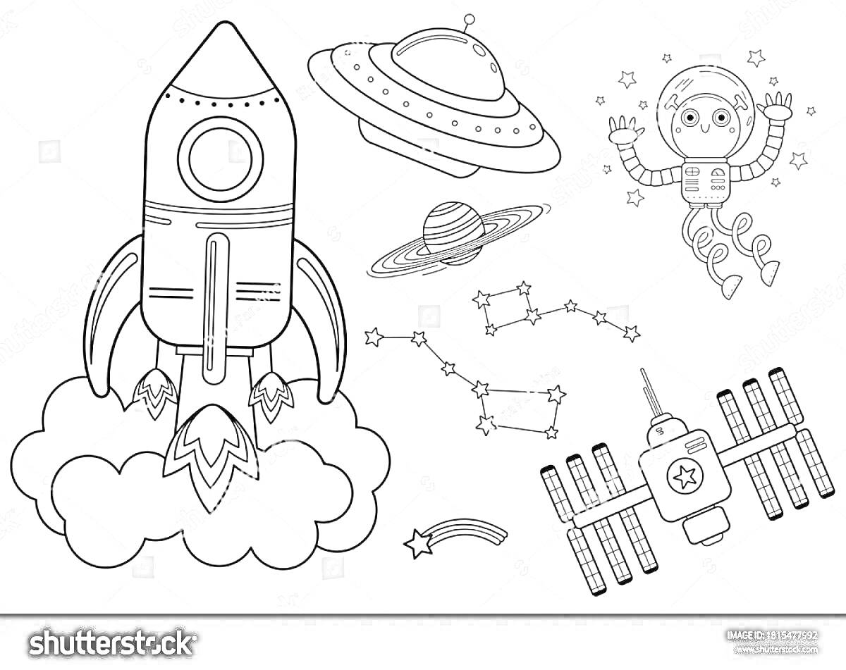 Раскраска Космическая станция, ракета, инопланетянин, звезды, космонавт-обезьяна, космическая станция, созвездия, планета с кольцами, ракета на старте