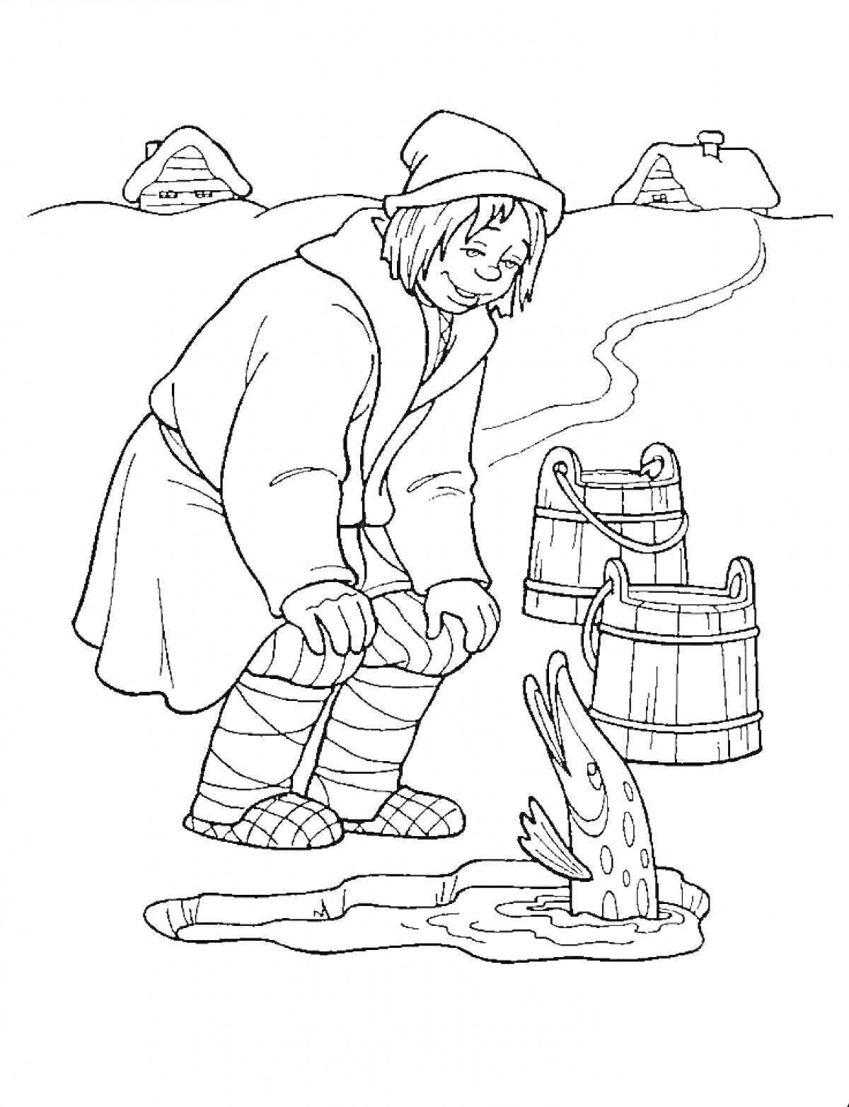 Раскраска Молодой человек с рыбой и ведрами на зимнем пруду возле деревни