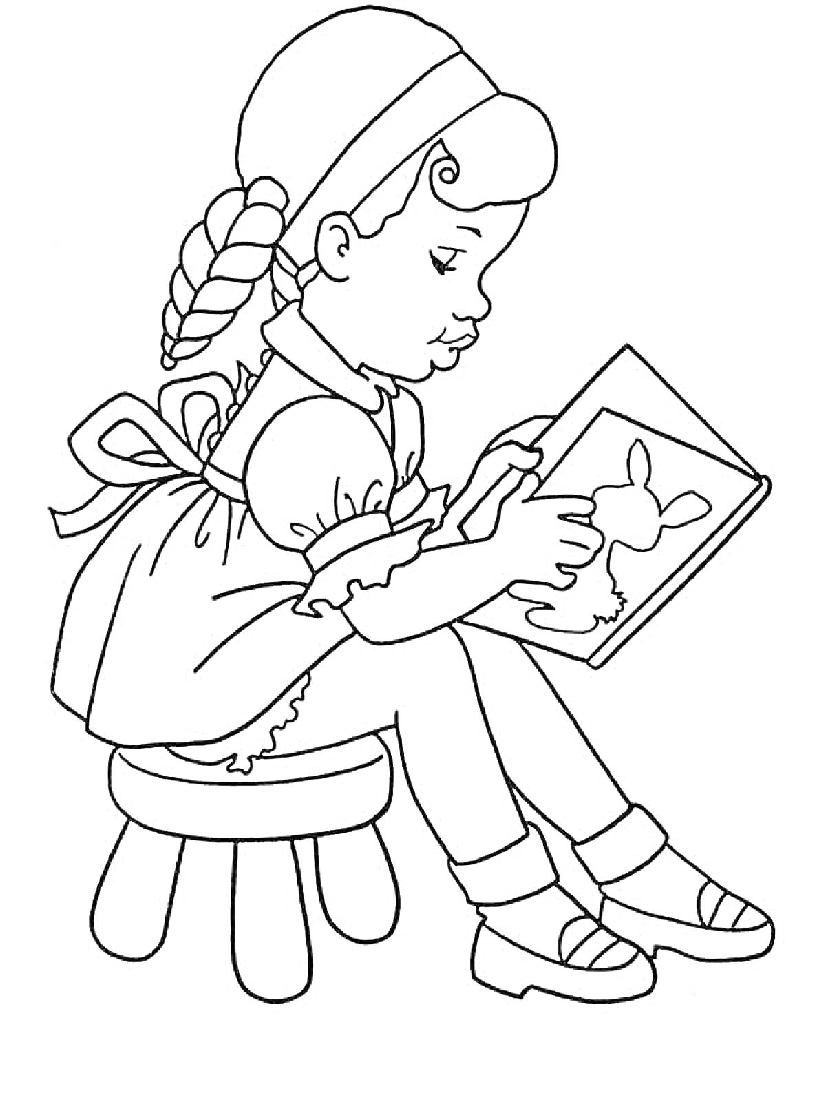 На раскраске изображено: Девочка, Книга, Кролик, Шляпа, Платье, Босоножки, Табурет