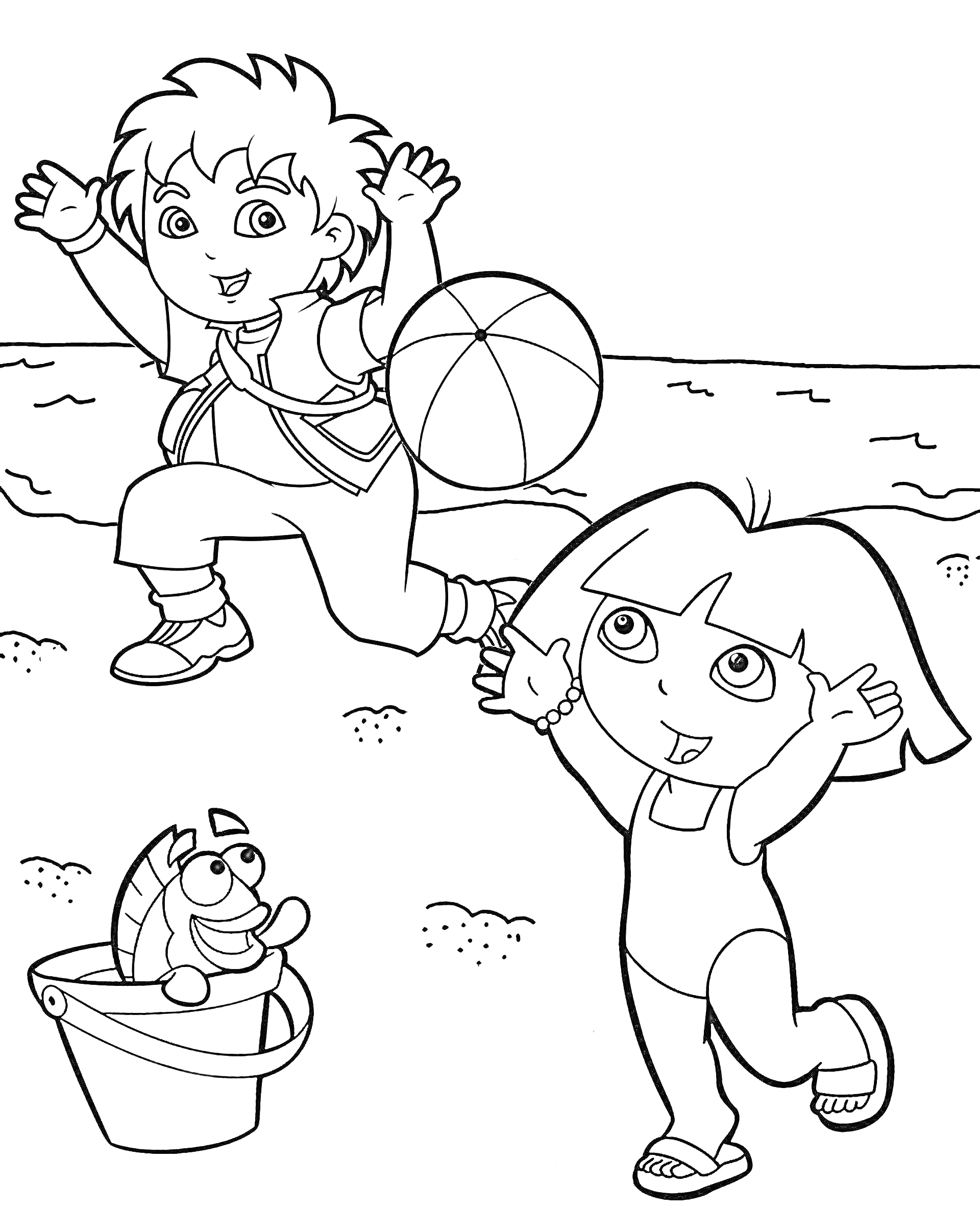 Раскраска Диего и девочка играют на пляже с мячом, рядом ведро с игрушечной рыбкой