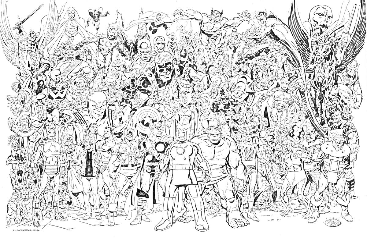 Раскраска Марвел все герои; толпа супергероев и злодеев в различных позах, много персонажей с крыльями, в масках, с мечами, в плащах