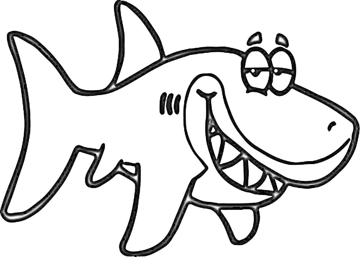 Раскраска улыбающийся акуленок с выступающими зубами, глазами и плавниками