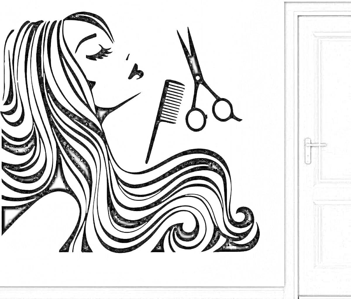 На раскраске изображено: Расческа, Ножницы, Дверь, Волосы