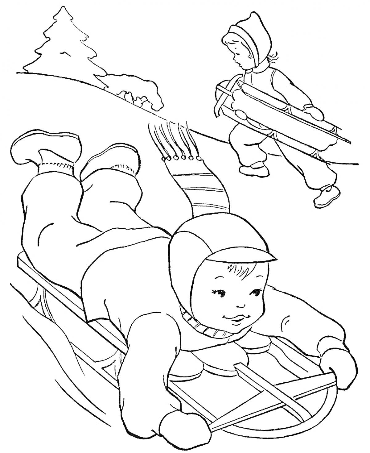 Раскраска Дети на санях на снежном склоне, ребенок едет на санках лежа, второй несет санки, елка на заднем плане