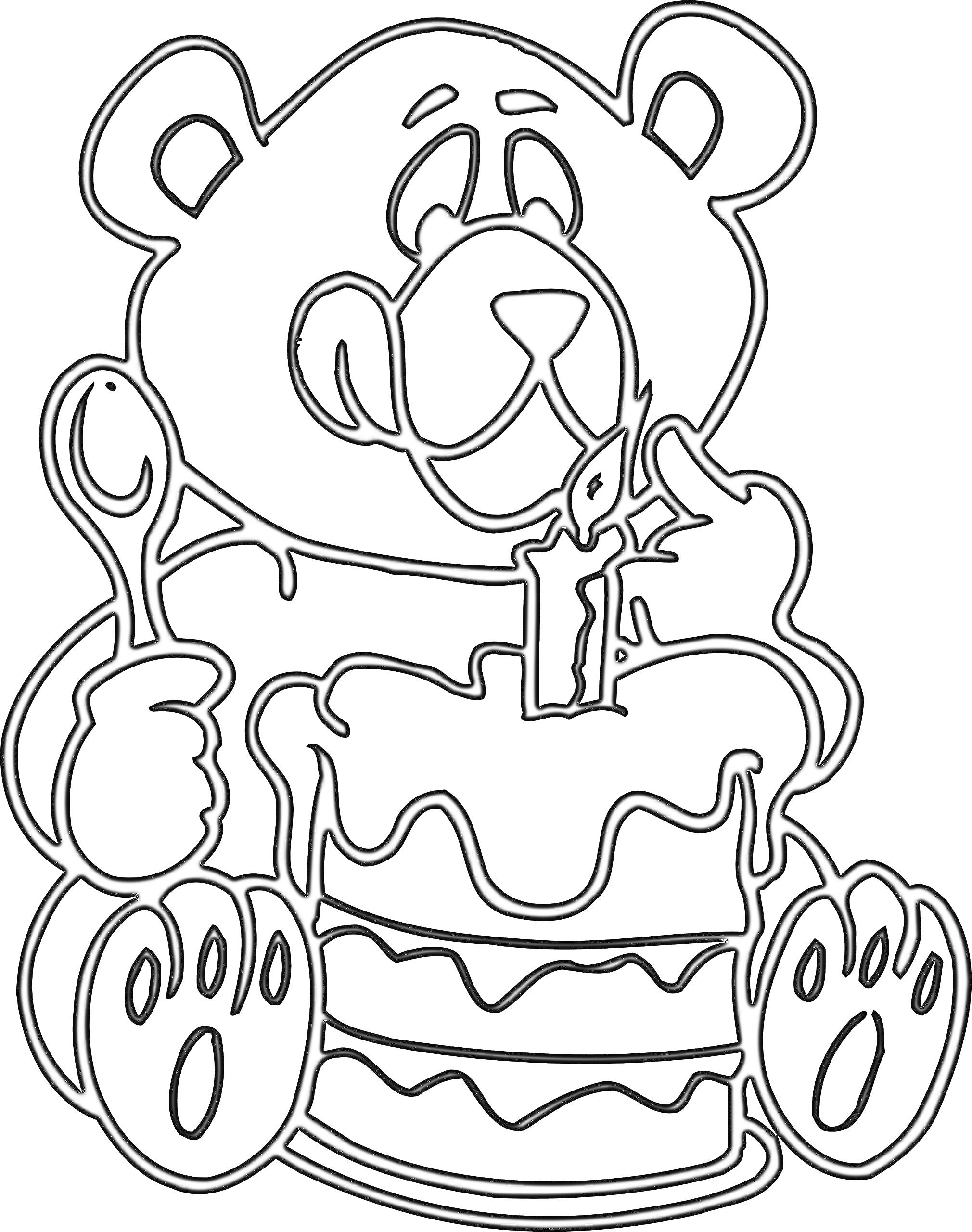 Раскраска Медведь с тортом и свечой