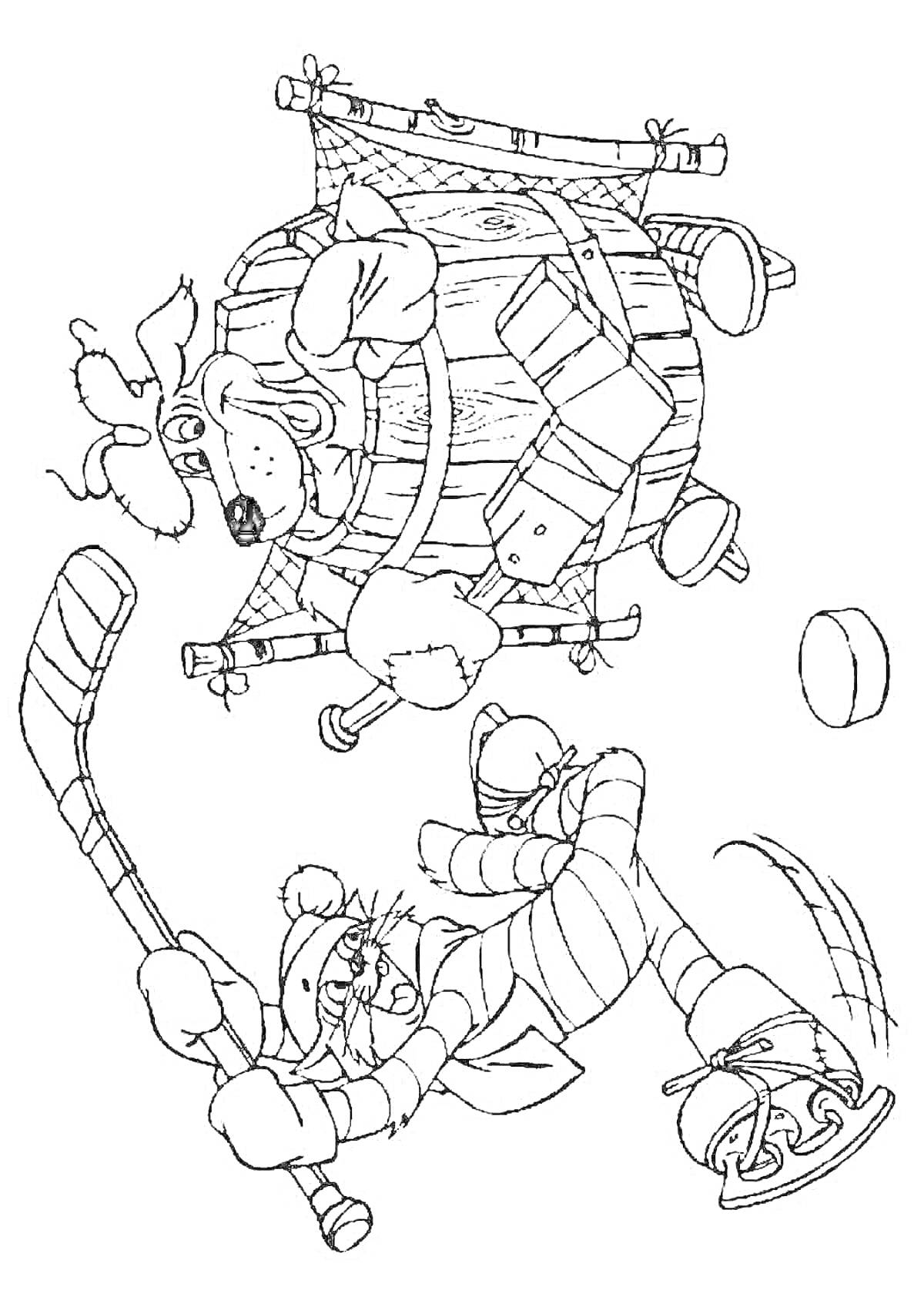 Раскраска пес и кот в хоккейной форме играют в хоккей, большая бочка, шайба