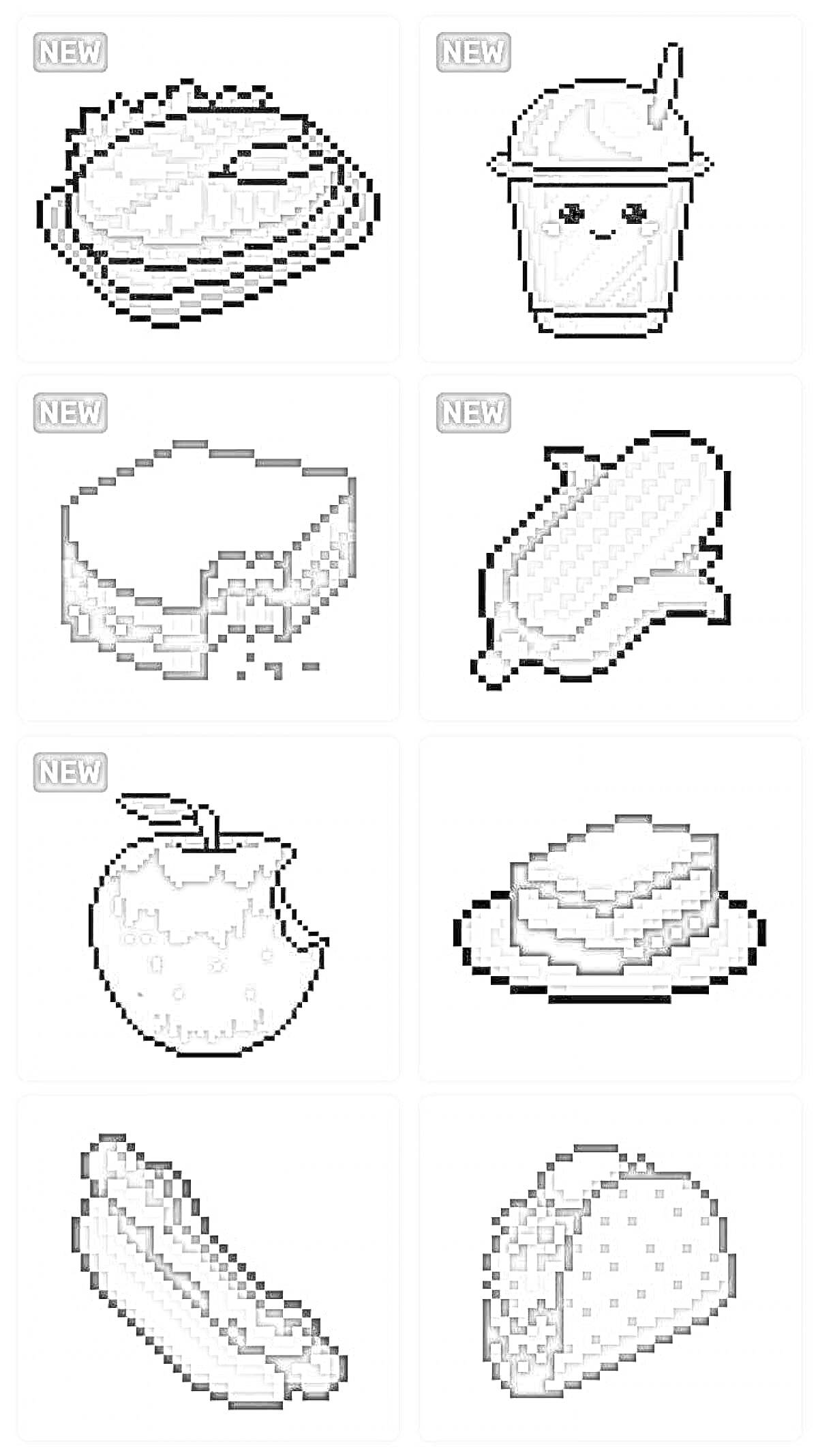 На раскраске изображено: Пиксельная графика, Еда, Пирог, Напиток, Торт, Кусок, Кукуруза, Початок, Яблоко, Батончик, Шоколад, Хот-дог, Тако, Трубочки