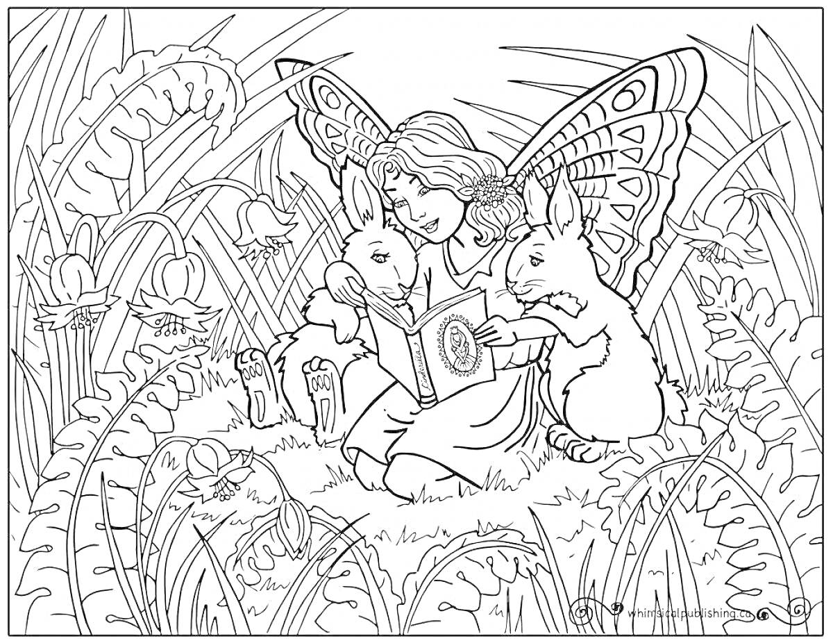 Раскраска Девочка с крыльями бабочки, сидящая на траве с двумя кроликами и книгой