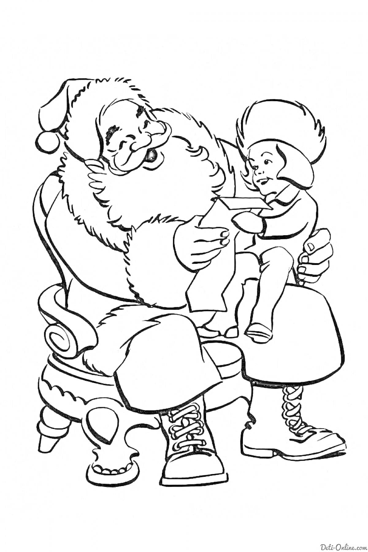 На раскраске изображено: Дед Мороз, Девочка, Трон, Колени, Лист бумаги, Новый год, Рождество, Зима