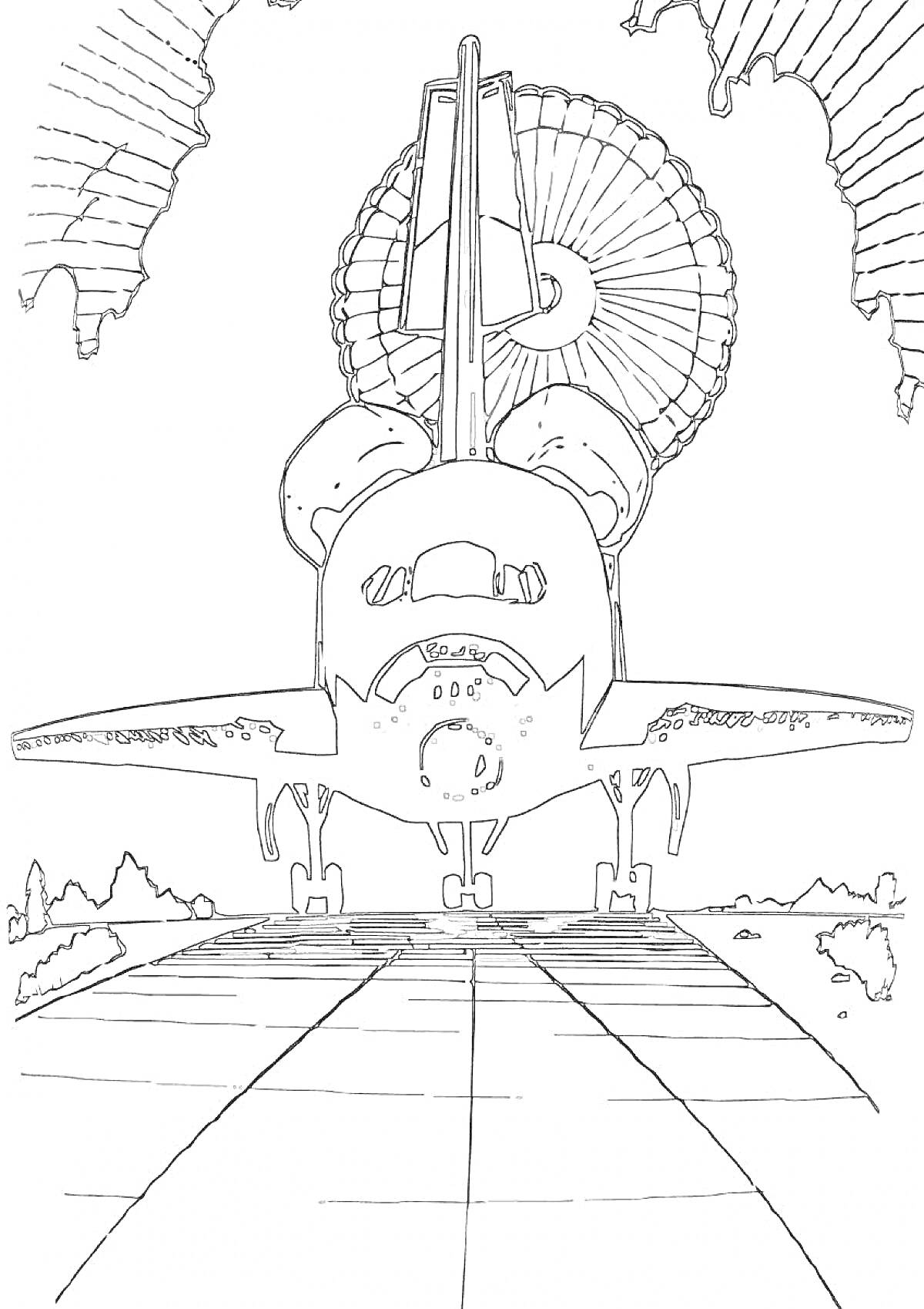 Раскраска Космический корабль с парашютом на взлетной полосе
