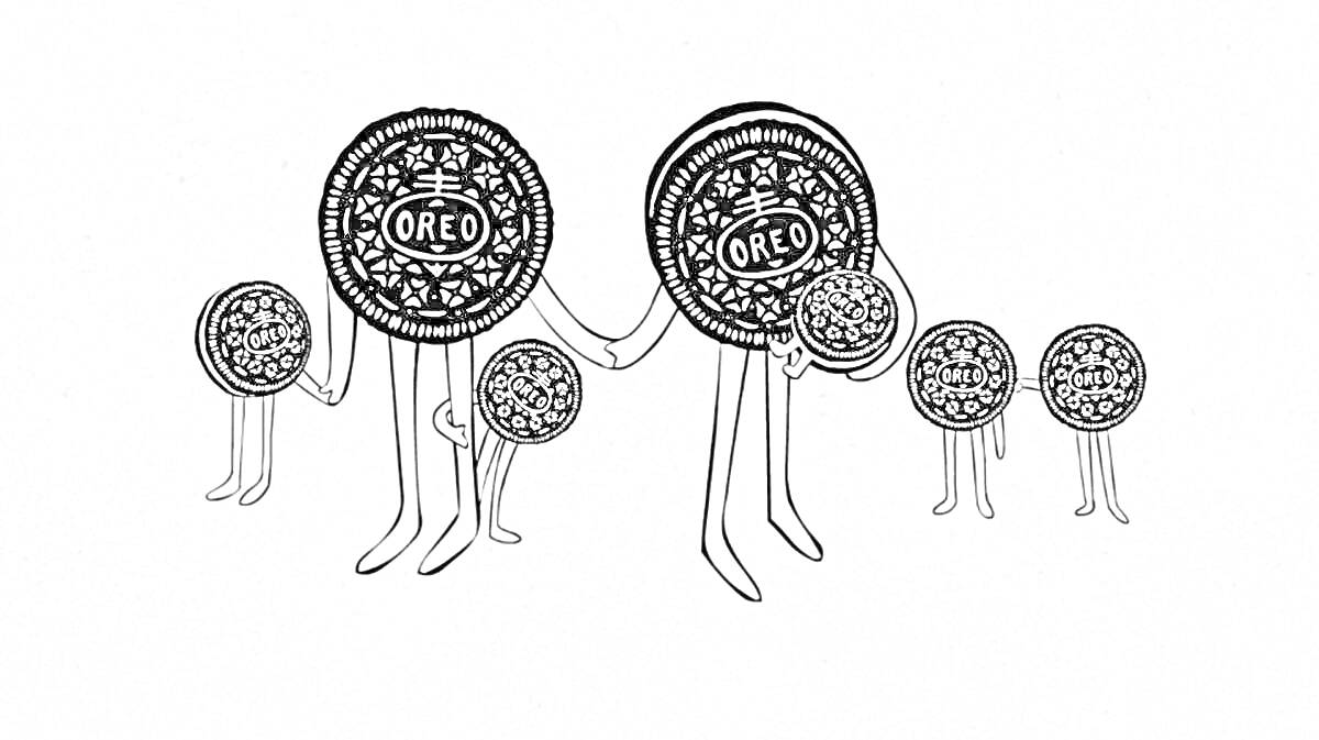 Раскраска Семья человечков с головами в виде печенья Oreo