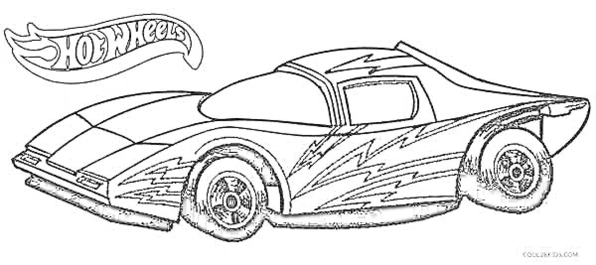 Раскраска гоночная машинка хот вилс с логотипом хот вилс и узором молний на кузове