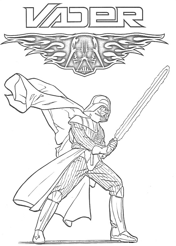 Раскраска Вейдер с горящим шлемом и световым мечом
