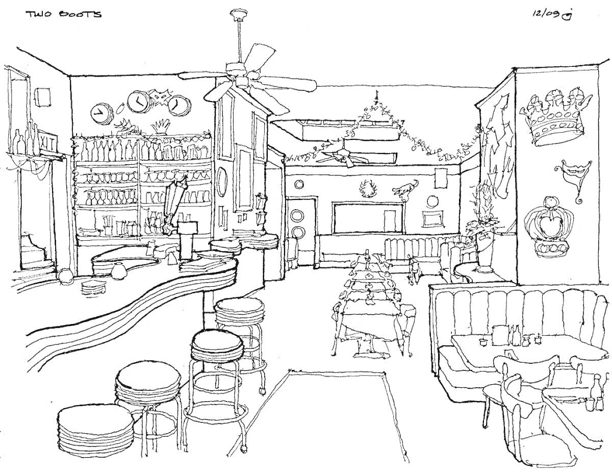 На раскраске изображено: Кафе, Барная стойка, Интерьер, Декор, Люстра, Диван