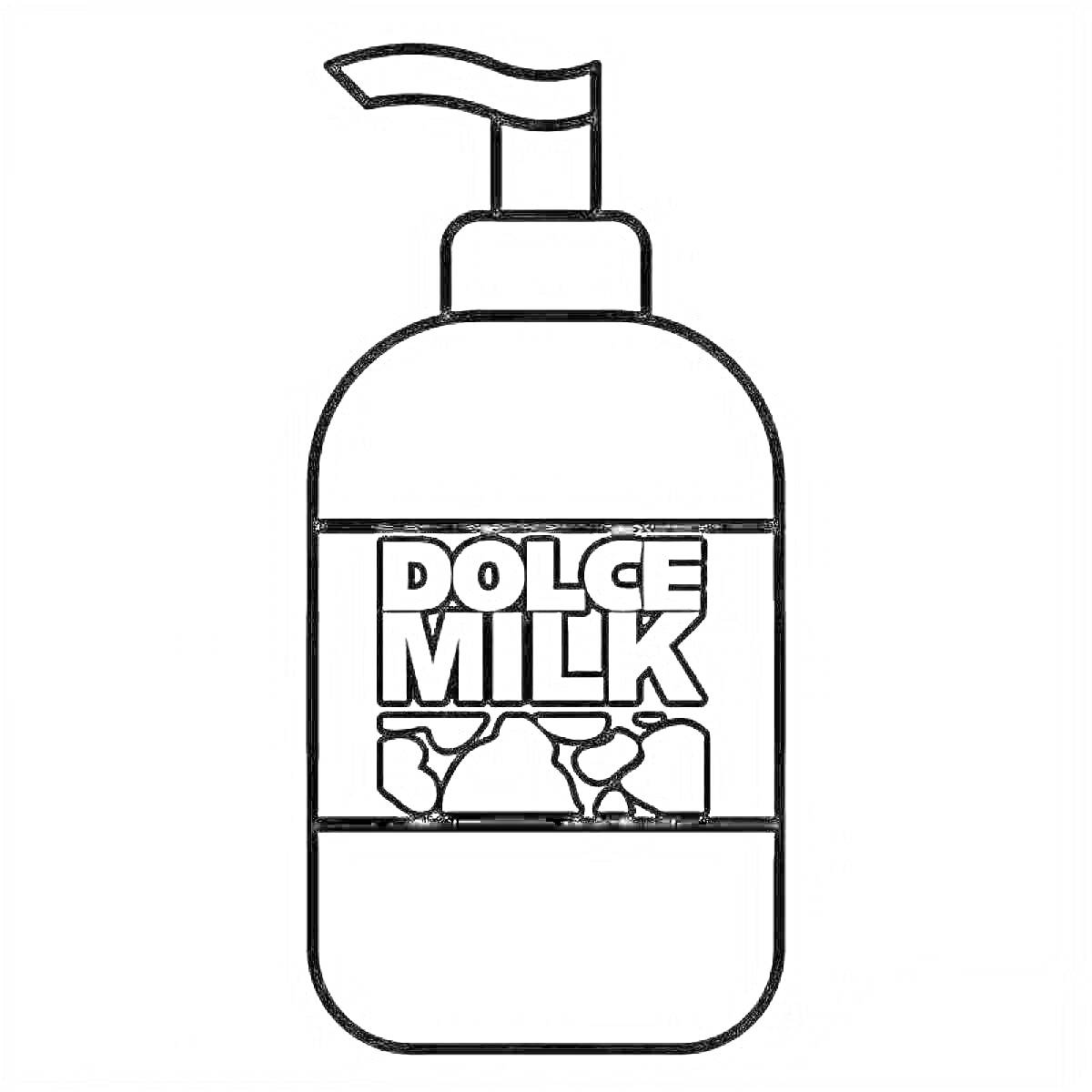 Бутылка с дозатором и надписью DOLCE MILK, изображение молочных капель