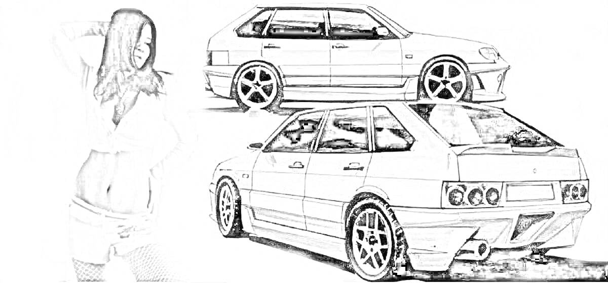 Раскраска Спортивный автомобиль и девушка в топе и шортах