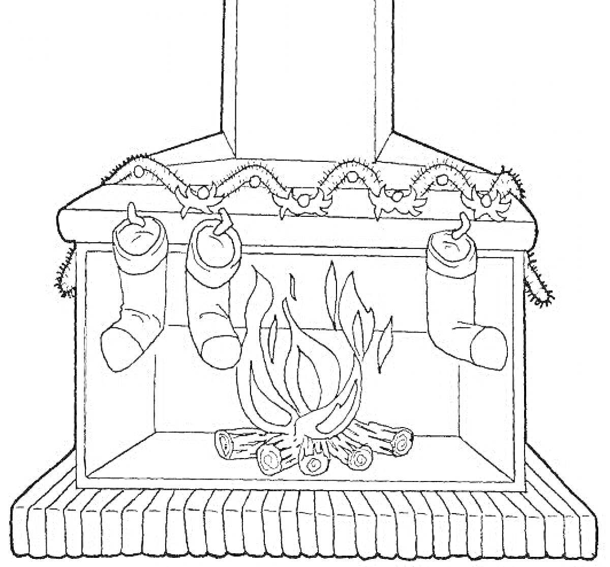 На раскраске изображено: Камин, Огонь, Дрова, Новогодние носки, Гирлянда, Тепло, Уют, Рождество