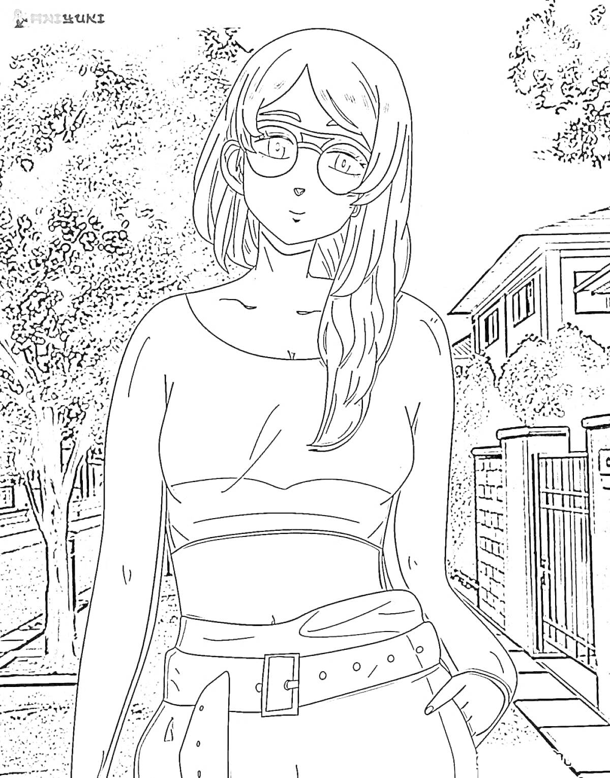Раскраска Девушка с длинными волосами и в очках на улице перед домами и деревьями