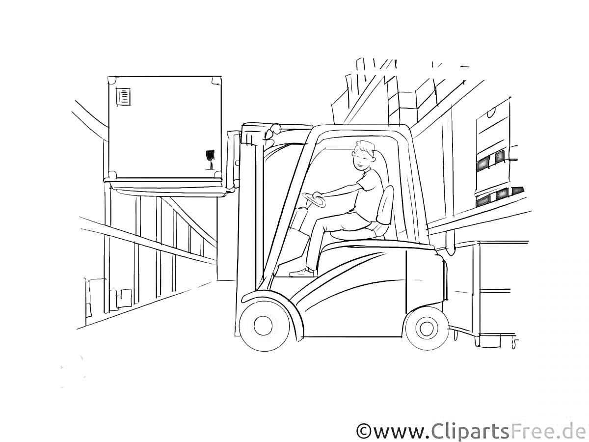 Раскраска Погрузчик вилочный с водителем в складском помещении, поднимающий ящик на стеллаж