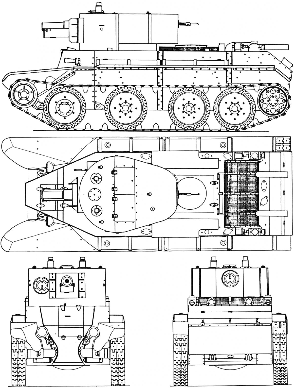 Бронетранспортёр БТ-7 с видом с разных сторон (сбоку, сверху, спереди) с деталями брони и подвески.