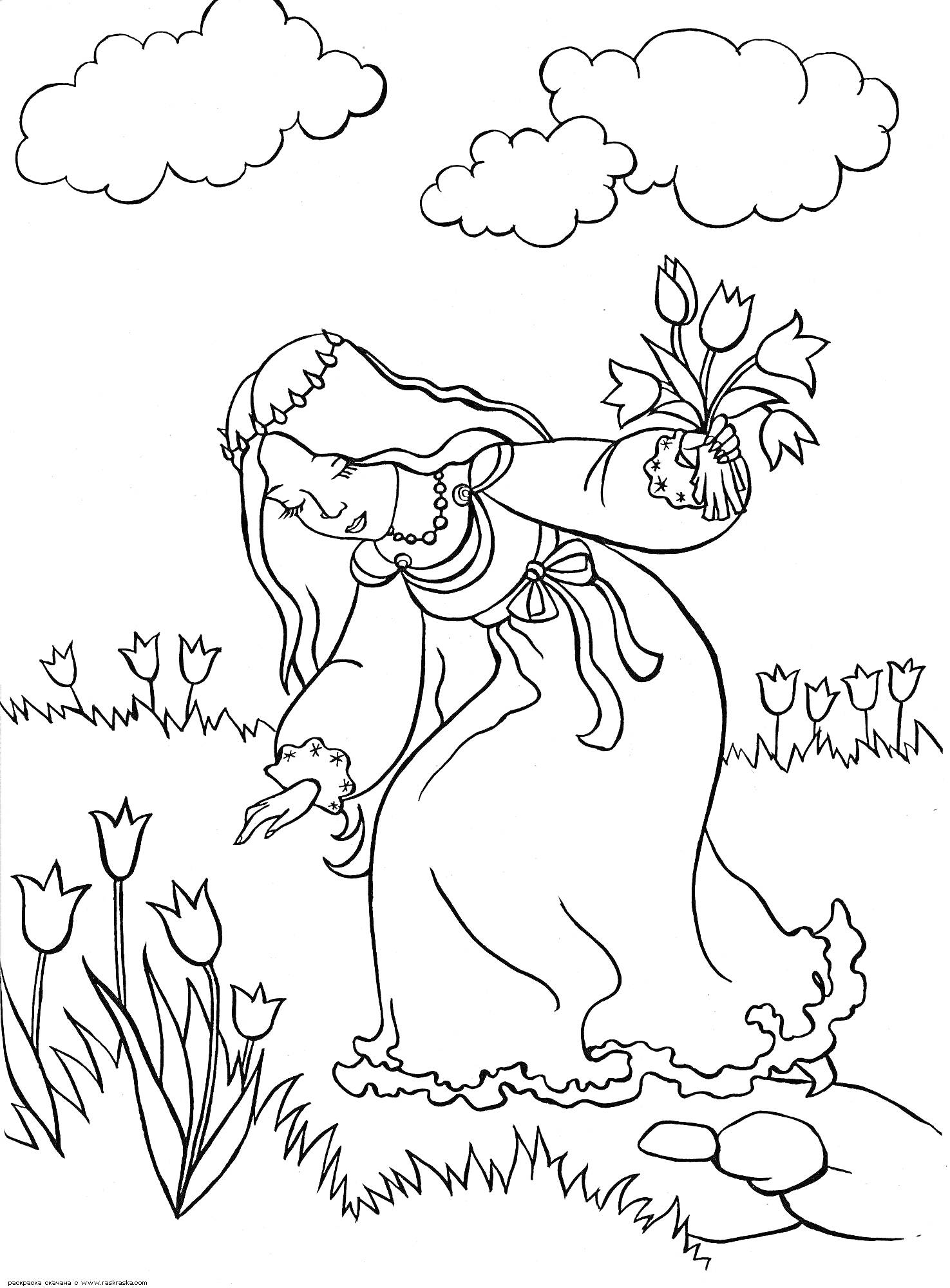 На раскраске изображено: Девочка, Тюльпаны, Поле, Облака, Трава, Камни, Цветы, Платье, Букет цветов