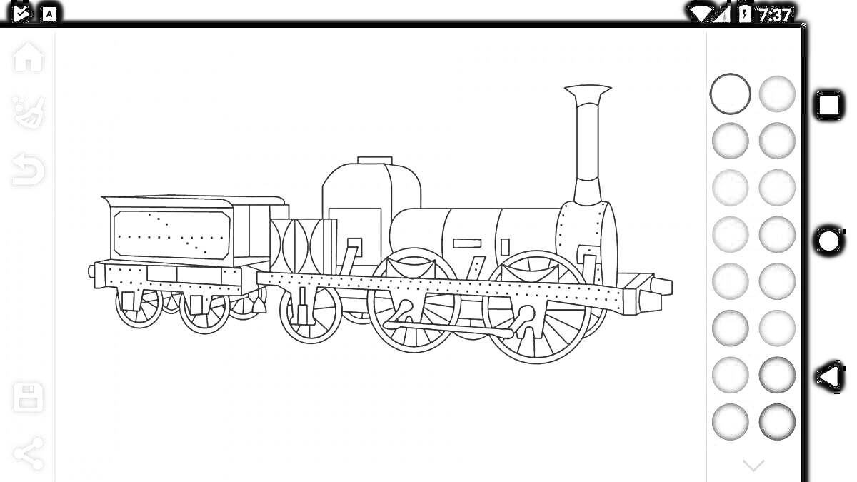 На раскраске изображено: Поезд, Паровоз, Железная дорога, Вагоны, Контурные рисунки