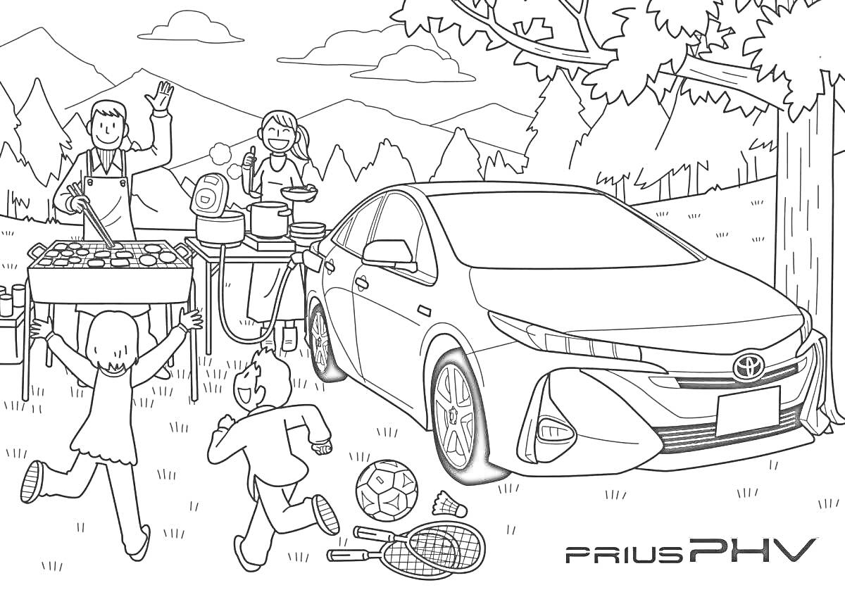 Раскраска Семейный пикник рядом с автомобилем Prius PHV