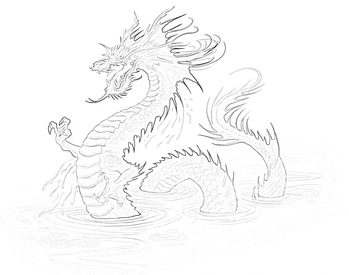 Раскраска Китайский дракон в воде, поднявшийся над поверхностью с когтями и чешуёй