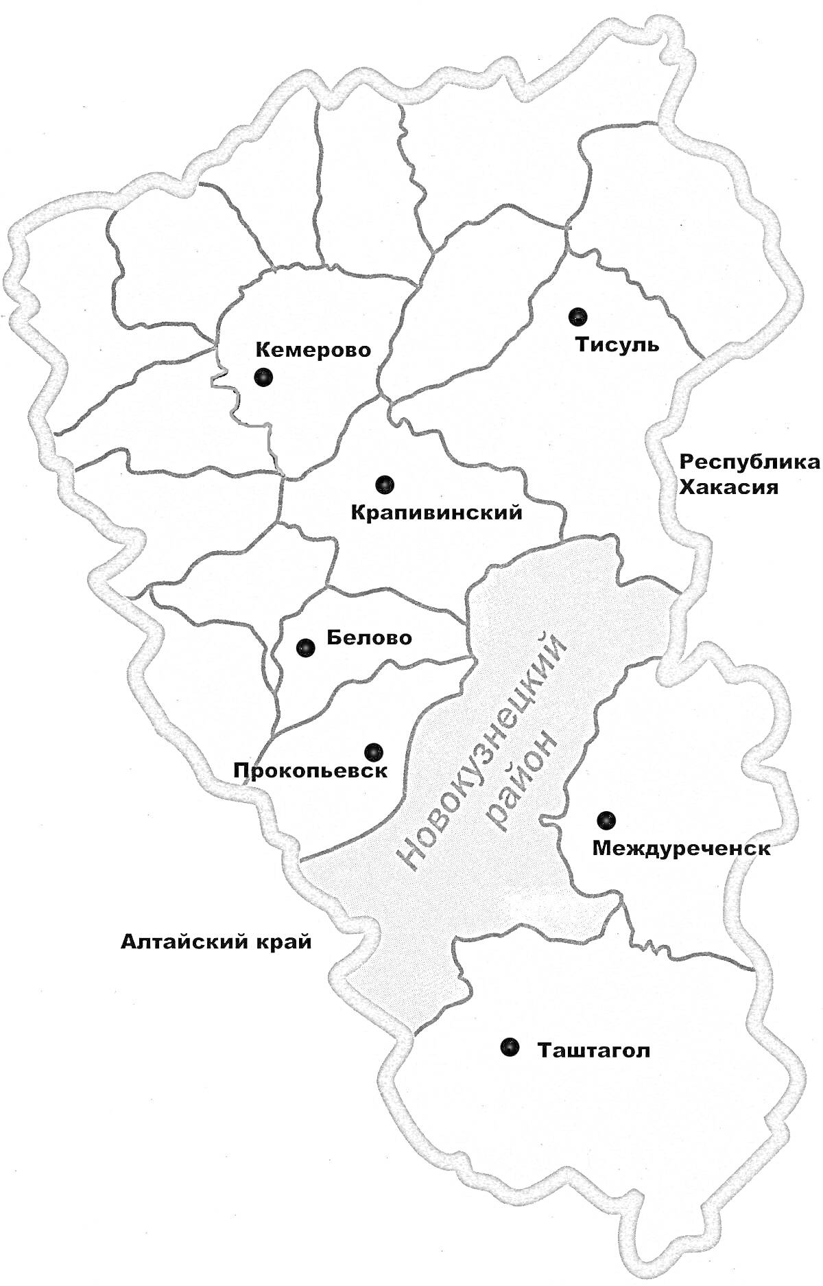 Раскраска Карта Кемеровской области с городами Кемерово, Тисуль, Прокопьевск, Крапивинский, Белово, Новокузнецк, Междуреченск и Таштагол, а также указанием границ с Алтайским краем и Республикой Хакасией.