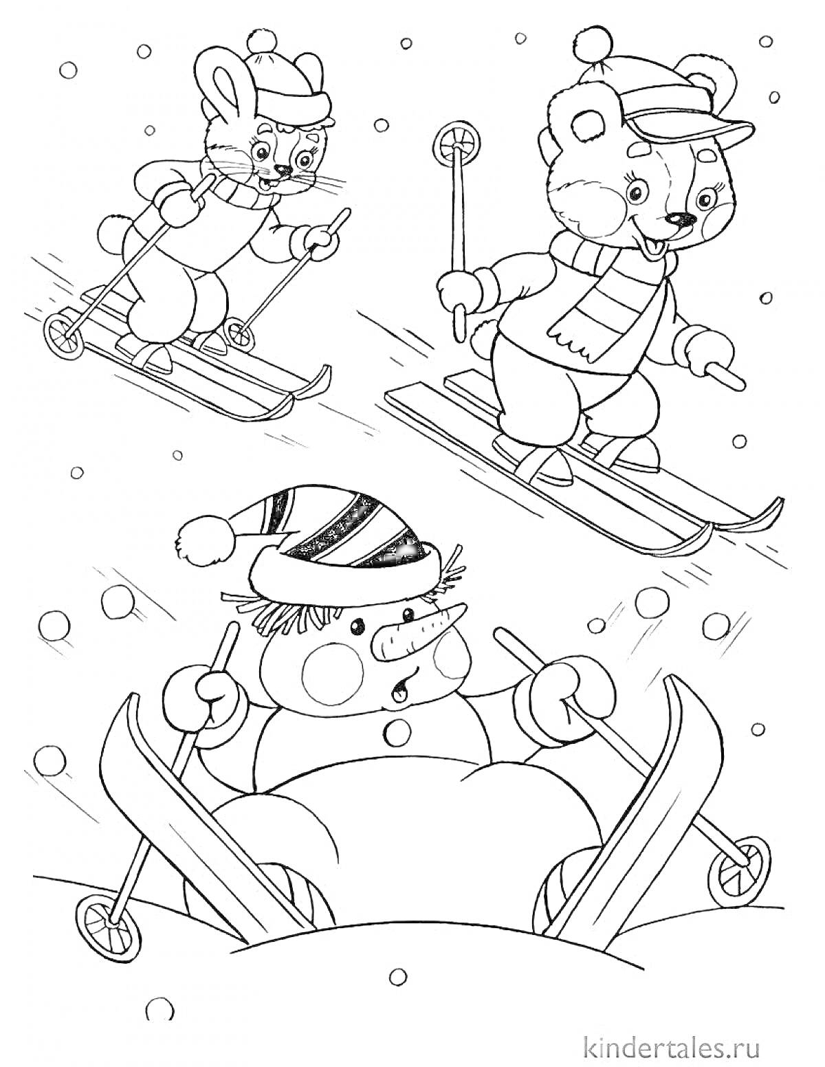 Раскраска Лыжники-зверята зимой, кролик на лыжах, медвежонок на лыжах, снеговик на лыжах