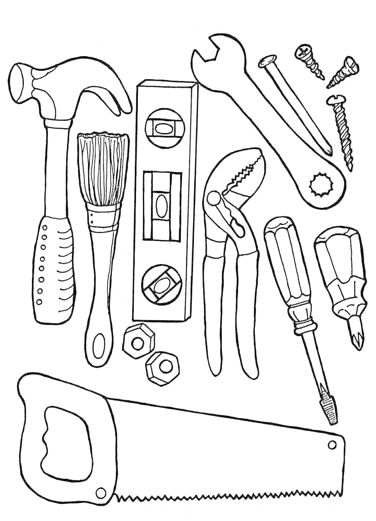 Раскраска с инструментами для детей: молоток, кисть, уровень, разводной ключ, винты, гвозди, клещи, отвертка с плоским жалом, отвертка с крестообразным жалом, шестигранные гайки, ручная пила.