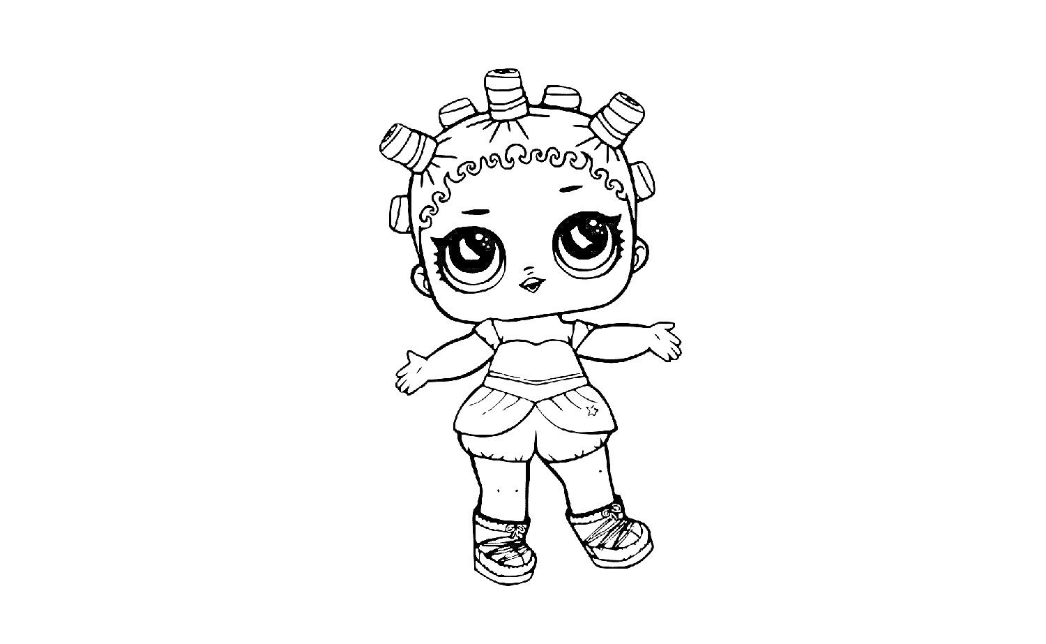 Раскраска Кукла Лол с бигудями в волосах, большая голова, большие глаза, футболка, шорты, обувь