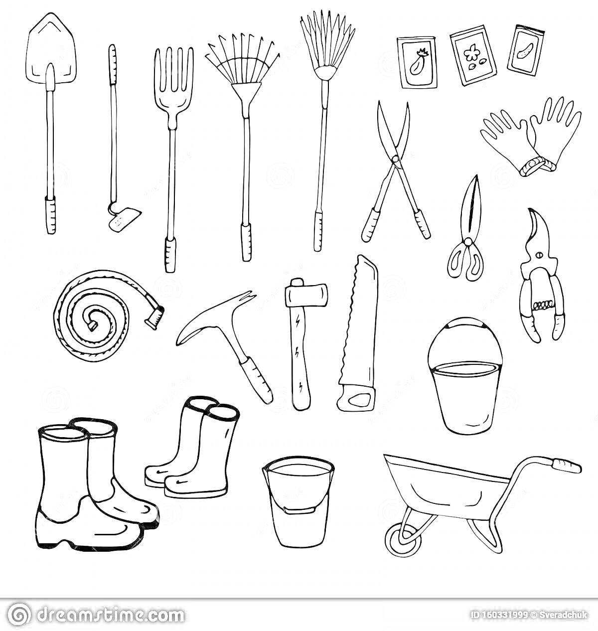 На раскраске изображено: Сад, Инвентарь, Лопата, Грабли, Вилы, Секатор, Перчатки, Шланг, Мотыга, Ножовка, Сапоги, Лейка